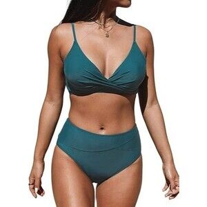 CUPSHE Women's Bikini Sets LARGE 2 Piece Swimsuit Ocean Blue High Waist V-Neck